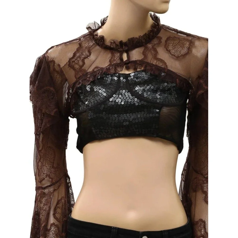 Free People Willow Lace Bolero Shrug Cropped Top Floral Lace Ruffle XS/S 290732